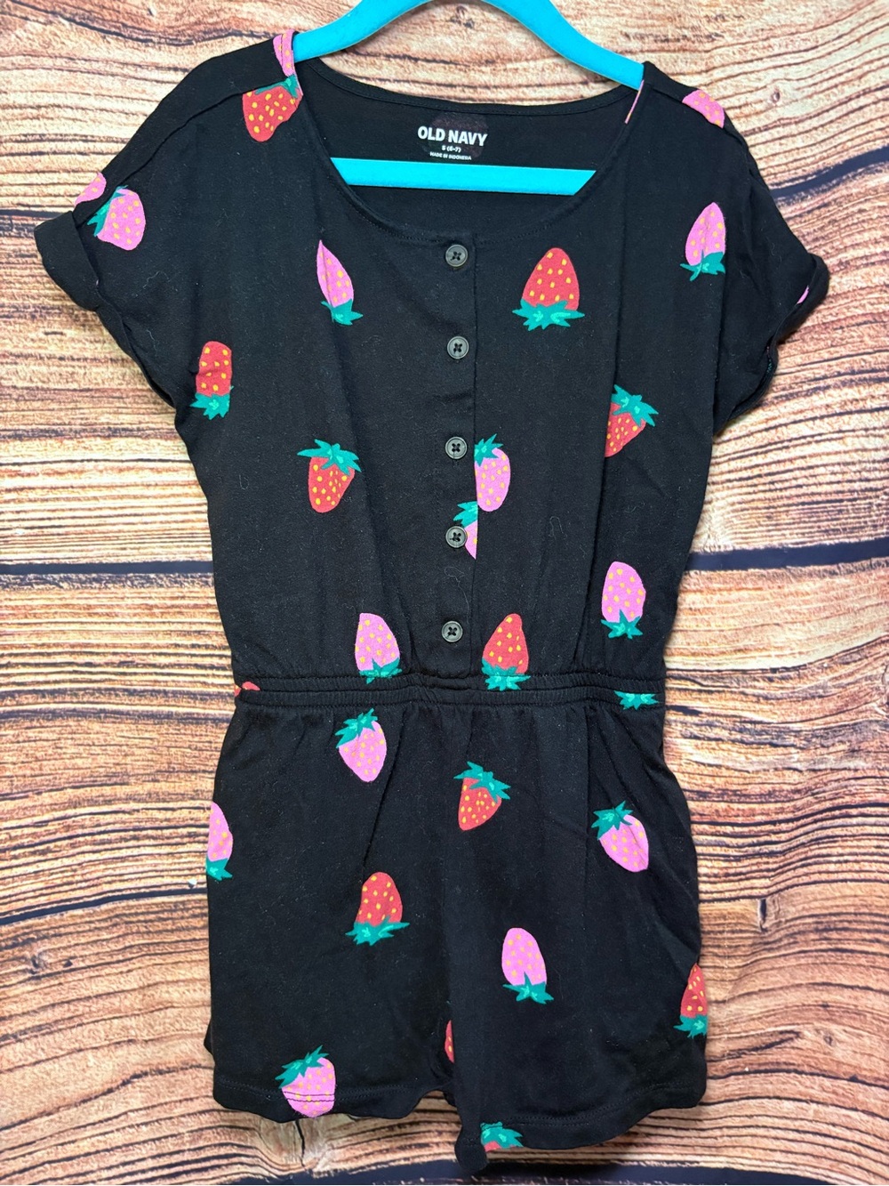 Old Navy Black Romper with Pink & Red Strawberry Print